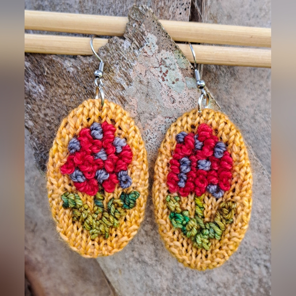 Oval Knit Embroidered Earrings Orange Red Green Hand Dyed Yarn Red Cotton